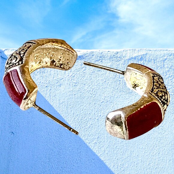 Vintage Earrings Brown Enamel & Silver-tone Half Hoop Pierced Posts - Picture 7 of 10